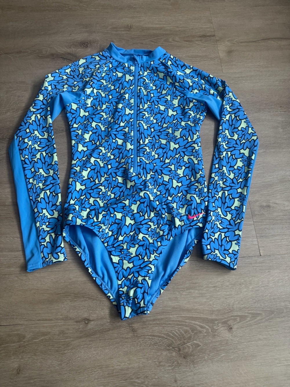 Nike Girls Bubble Script Long Sleeve One Piece Swimsuit SZ L Blue